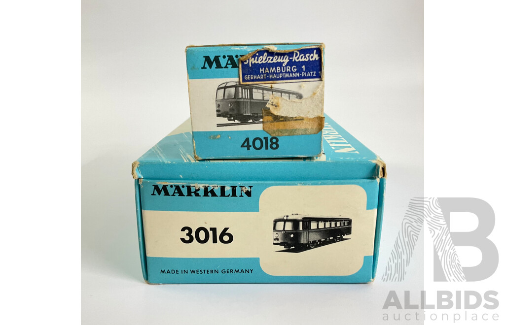 Vintage Marklin Three Rail HO Scale Rail Bus and Trailer 4018 and 3016, with Original Boxes, Made in West Germany