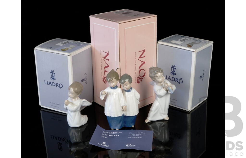 Lladro Porcelain Praying Angel & Angel with Flute Figures Along with Nao Porcelain Pair Choirboys Figure, All in Original Boxes