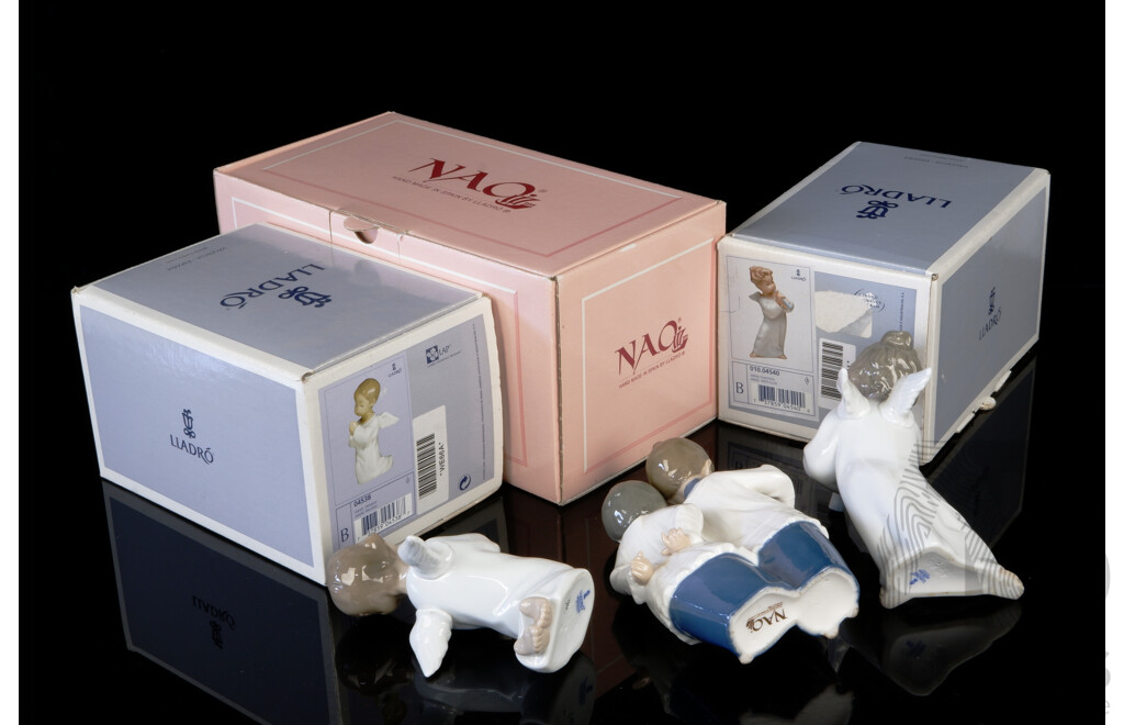 Lladro Porcelain Praying Angel & Angel with Flute Figures Along with Nao Porcelain Pair Choirboys Figure, All in Original Boxes