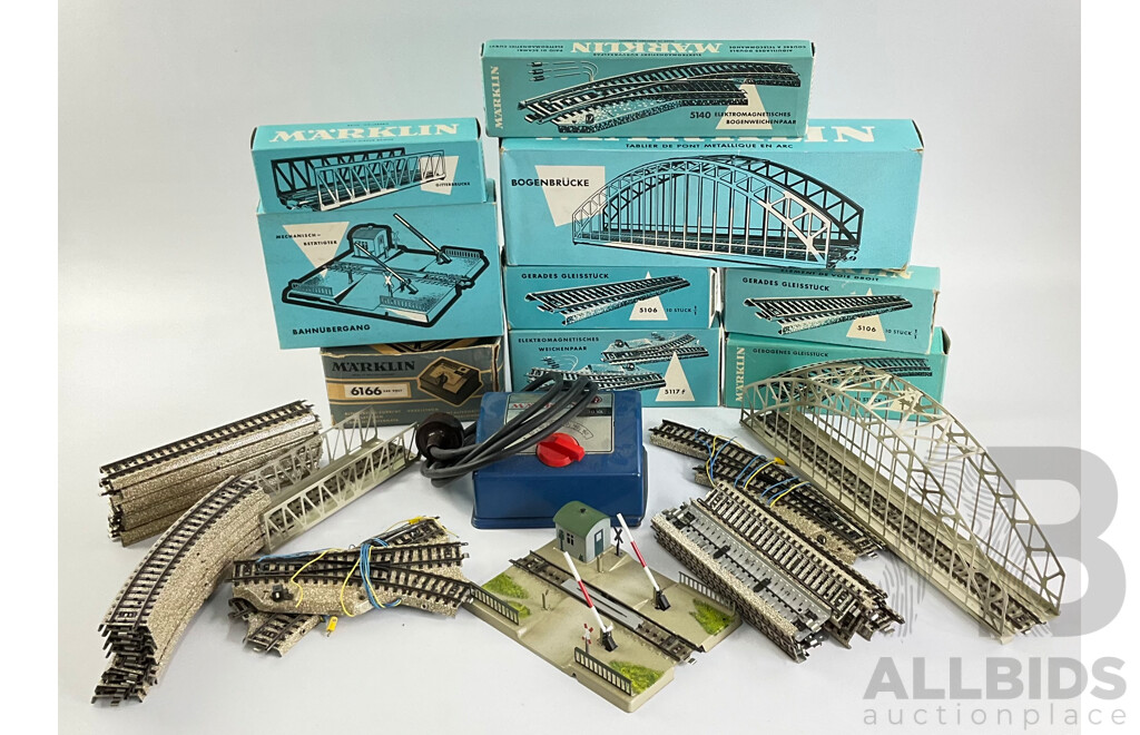 Collection of Vintage Marklin HO Scale Items Including Crossing, Girder Bridge, Arched Bridge, Points, Track Curves and Straights, Transformer with Original Boxes, Made in West Germany