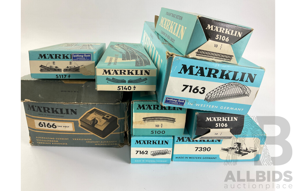 Collection of Vintage Marklin HO Scale Items Including Crossing, Girder Bridge, Arched Bridge, Points, Track Curves and Straights, Transformer with Original Boxes, Made in West Germany