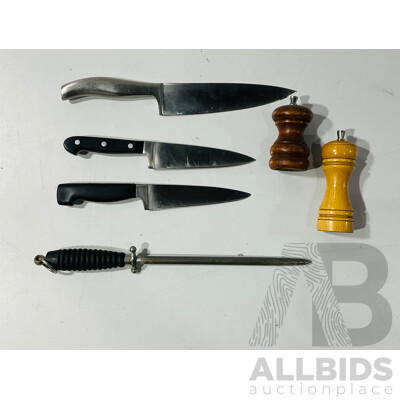 Collection Three Chefs Knives Including Henckells, Wustoff, Soligen Steel Along with Marlaux and Mr Dudley Pepper Grinders