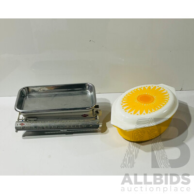 Vintage Funky Pyrex Lidded Dish with Sunflower Motif Along with Set Krups Perla Kitchen Scales