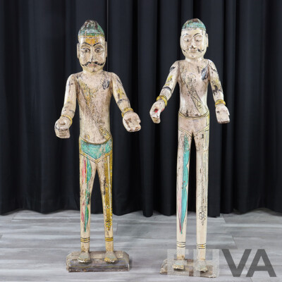 Antique Pair of Hand Carved Indian Rajasthani Warrior Figures with Polychrome Decoration