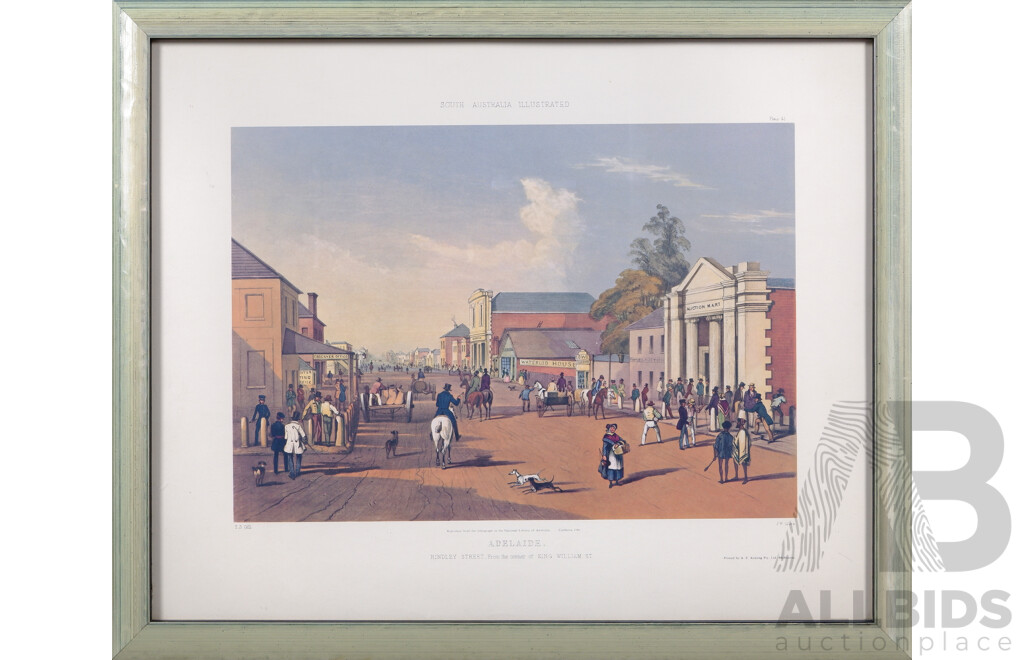 J.W.Giles, (Scottish, 1801-1870), Adelaide, Hindley Street (From Corner of King WIlliam St), Reprint of the Original Hand Coloured Lithograph, 47 x 57 cm (frame)