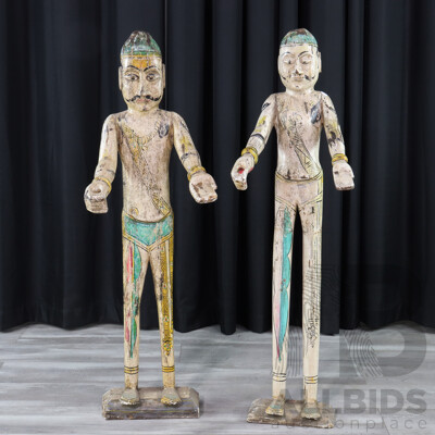 Antique Pair of Hand Carved Indian Rajasthani Warrior Figures with Polychrome Decoration