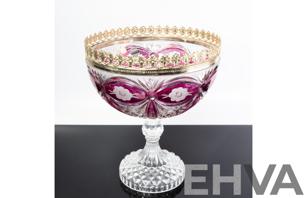 Vintage German Amethyst Flashed Crystal Footed Punch Bowl with Brass Rim by Echt Bleikristall