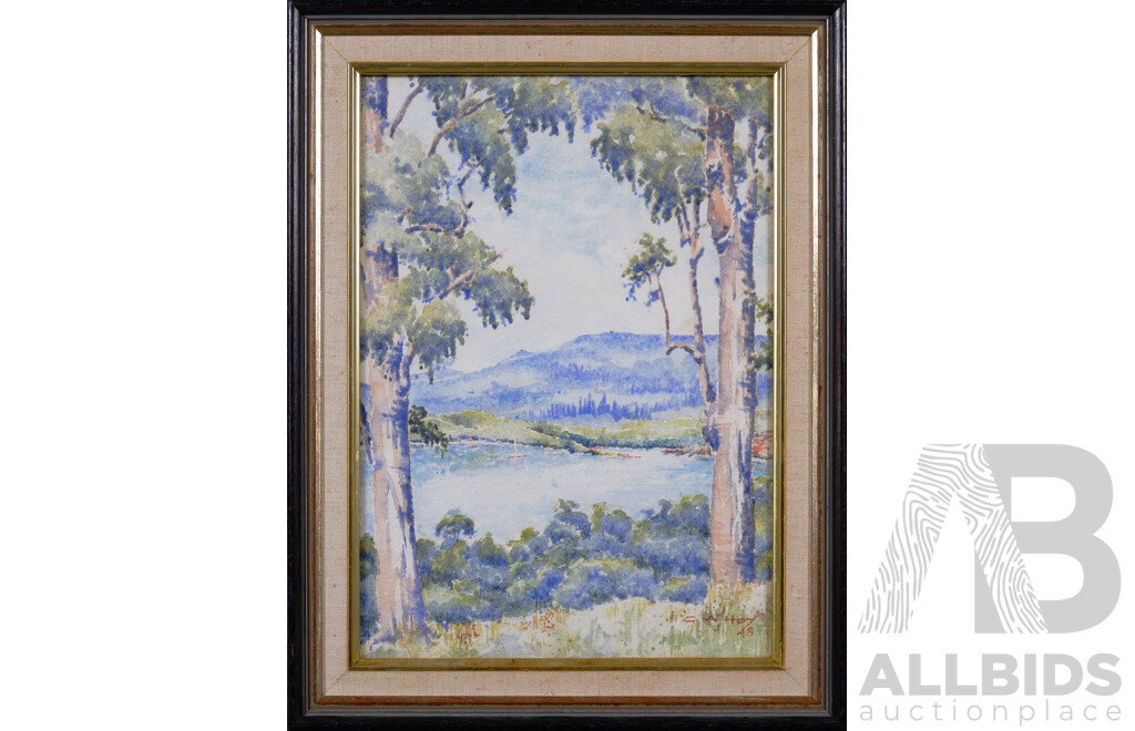 C. A. Hoy (20th Century, Active c1940s-50s), Tranquil Lake by Blue Mountains (1948), Vintage Watercolour on Card, 46 x 35 cm (frame)