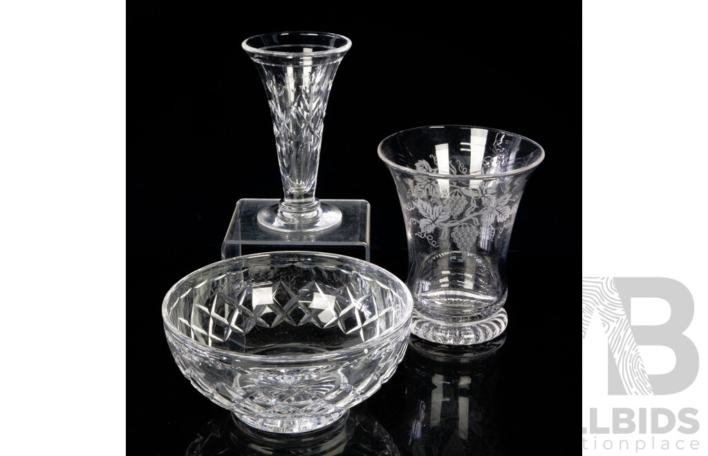 Collection Three Vintage Stuart Crystal Pieces Comprising Serving Bowl, Small Trumpet Form Vase & Vase with Etched Design
