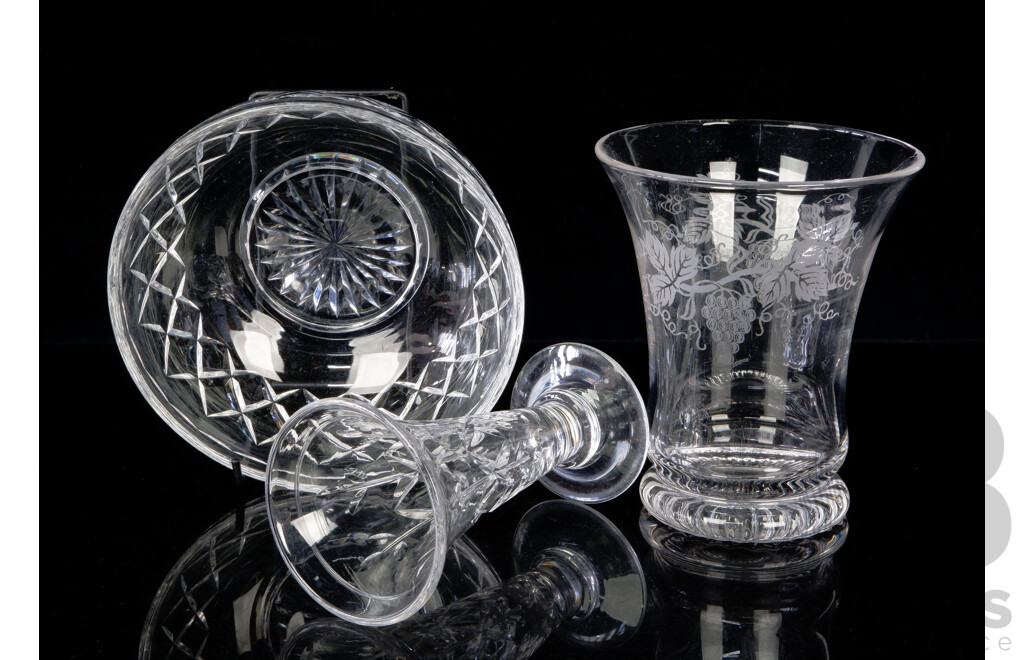 Collection Three Vintage Stuart Crystal Pieces Comprising Serving Bowl, Small Trumpet Form Vase & Vase with Etched Design