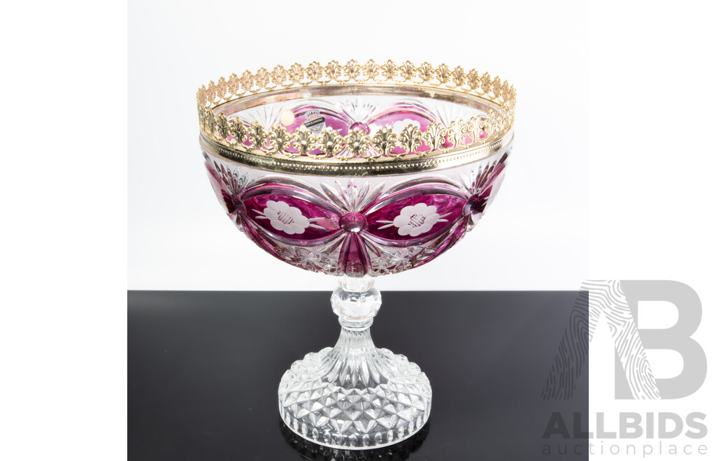 Vintage German Amethyst Flashed Crystal Footed Punch Bowl with Brass Rim by Echt Bleikristall