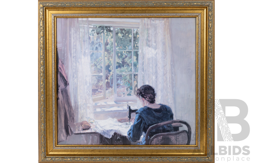Hans Heysen (German-Born Australian, 1977-1968), Sewing (The Artist's Wife), Reproduction Print of Original 1913 Oil, 45 x 48 cm (frame)
