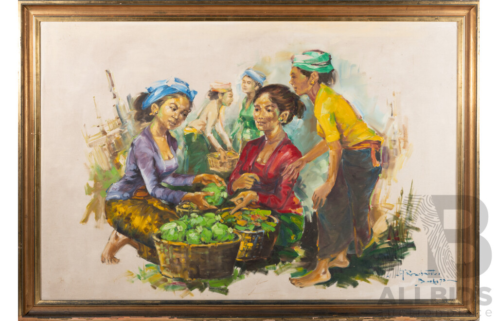 Signed Indistinctly (Balinese School, 20th Century), Villagers Tending to Vegetables, (1973), Vintage Oil on Masonite, 69 x 99 cm (frame)