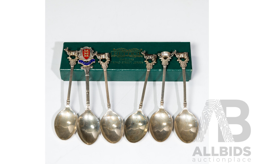 Vintage Five Piece Sterling Silver Teaspoon Set with Bovine and Trophy Finials, Birmingham 1981 Along with Another Jersey Sterling Silver Teaspoon