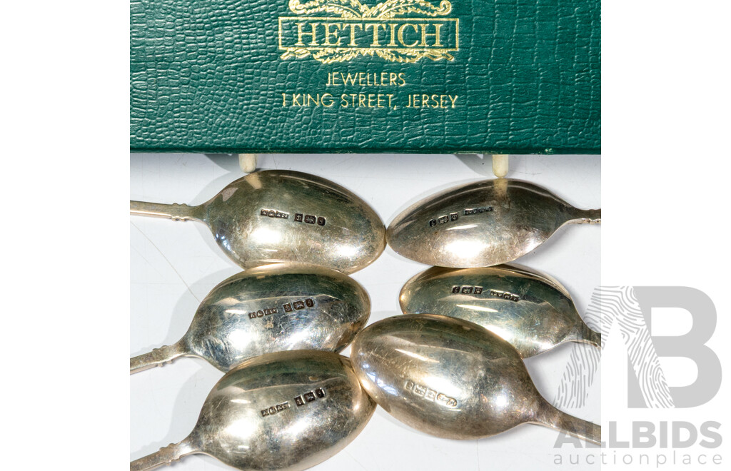 Vintage Five Piece Sterling Silver Teaspoon Set with Bovine and Trophy Finials, Birmingham 1981 Along with Another Jersey Sterling Silver Teaspoon