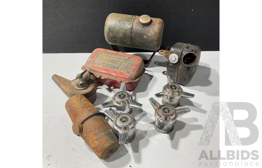 Collection of Vintage Lawn Mower, Stationary Motor and Motorcycle Oil Tanks with Four Spirit of America Three Bar Spinner Caps