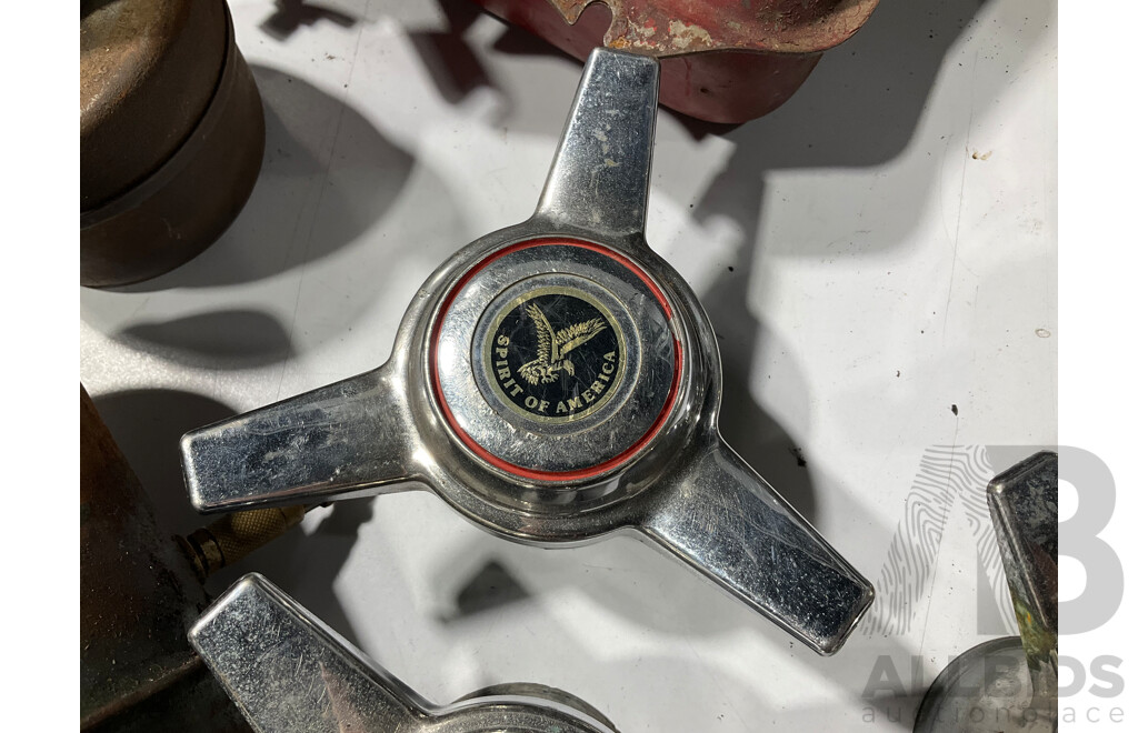 Collection of Vintage Lawn Mower, Stationary Motor and Motorcycle Oil Tanks with Four Spirit of America Three Bar Spinner Caps