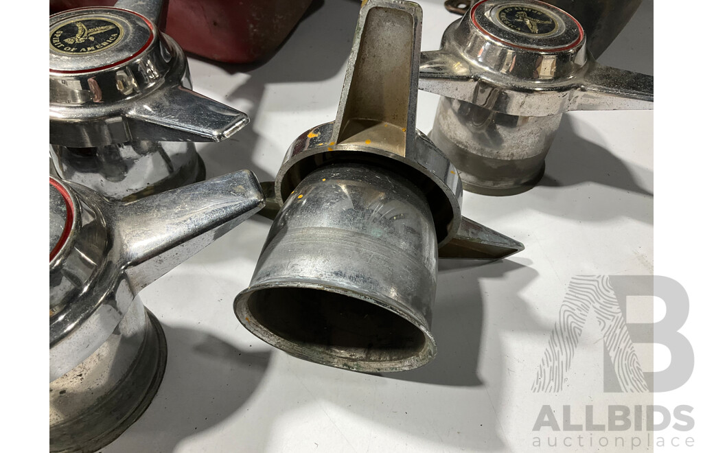 Collection of Vintage Lawn Mower, Stationary Motor and Motorcycle Oil Tanks with Four Spirit of America Three Bar Spinner Caps