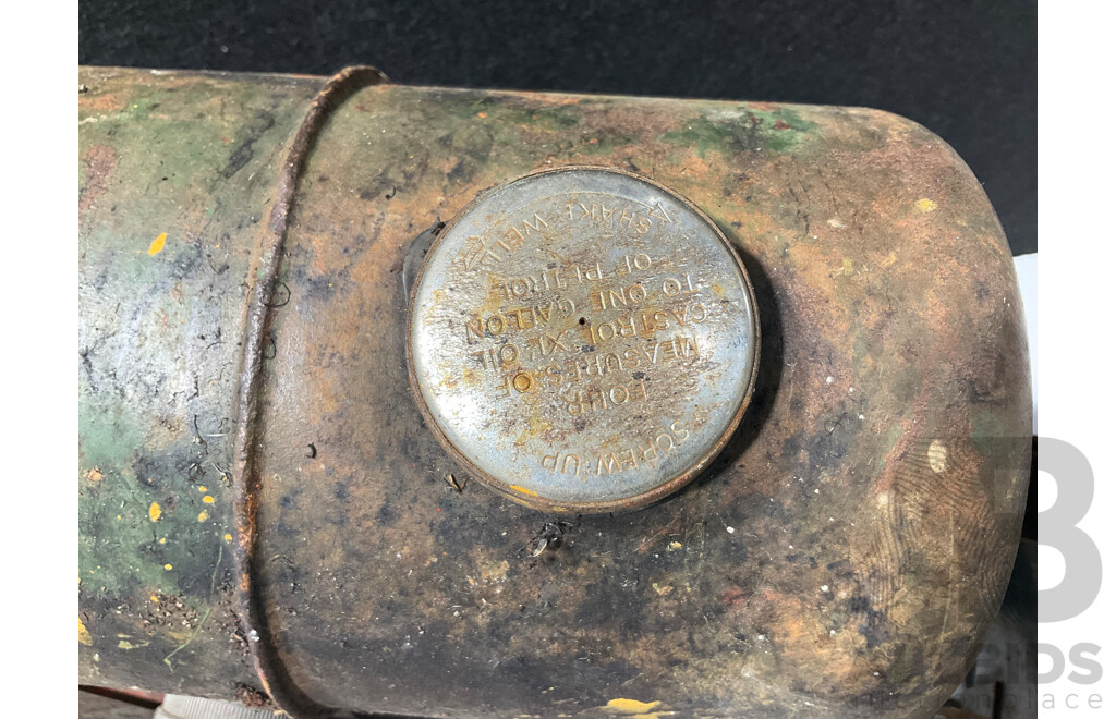Collection of Vintage Lawn Mower, Stationary Motor and Motorcycle Oil Tanks with Four Spirit of America Three Bar Spinner Caps