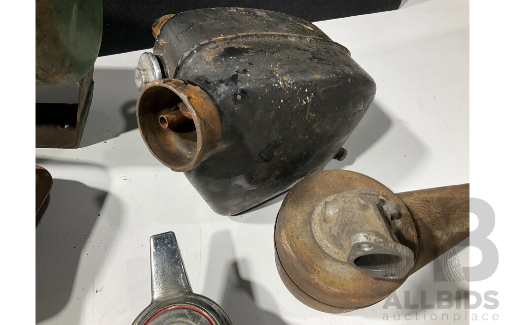 Collection of Vintage Lawn Mower, Stationary Motor and Motorcycle Oil Tanks with Four Spirit of America Three Bar Spinner Caps