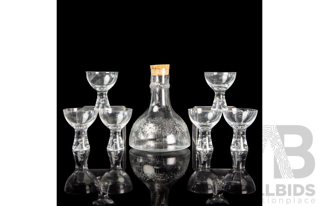 Mid Century Finnish Iittala Corked Niva Carafe with Set Six Tapio Cocktail Glasses by Tapio Wirkkala