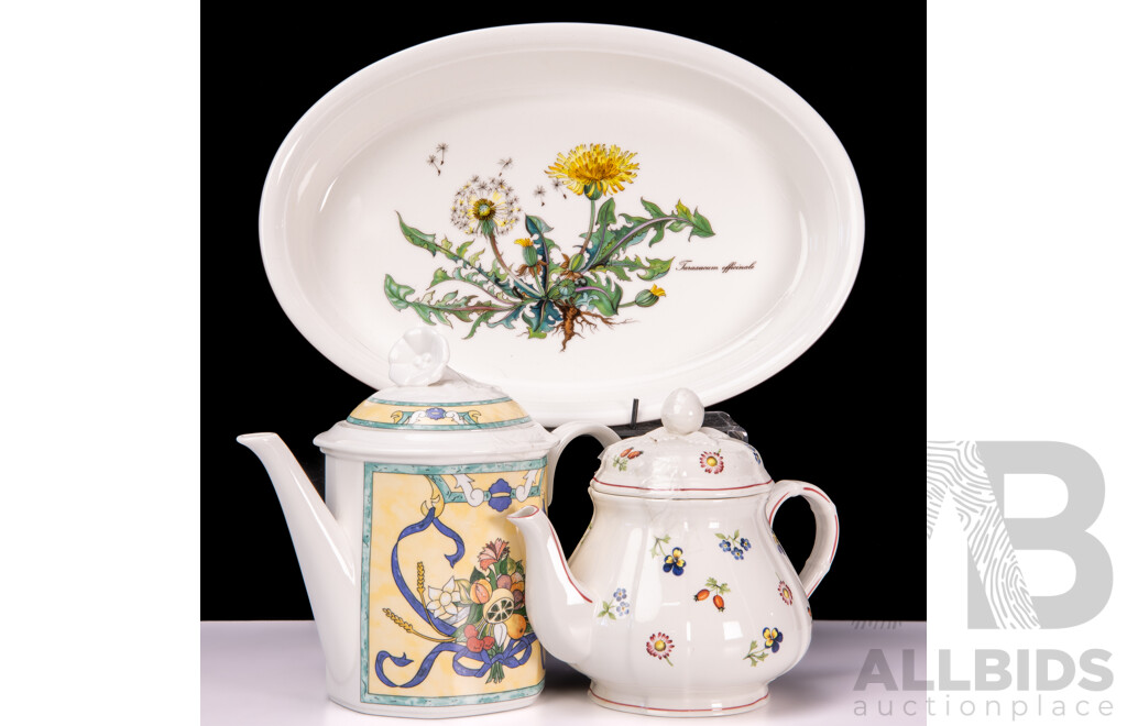 Villeroy & Boch Large Porcelain Botanica Designed by Susan Ellis Williams Oval Baking Dish, Teapot in Castellina Pattern & Teapot in Peite Fleur Pattern