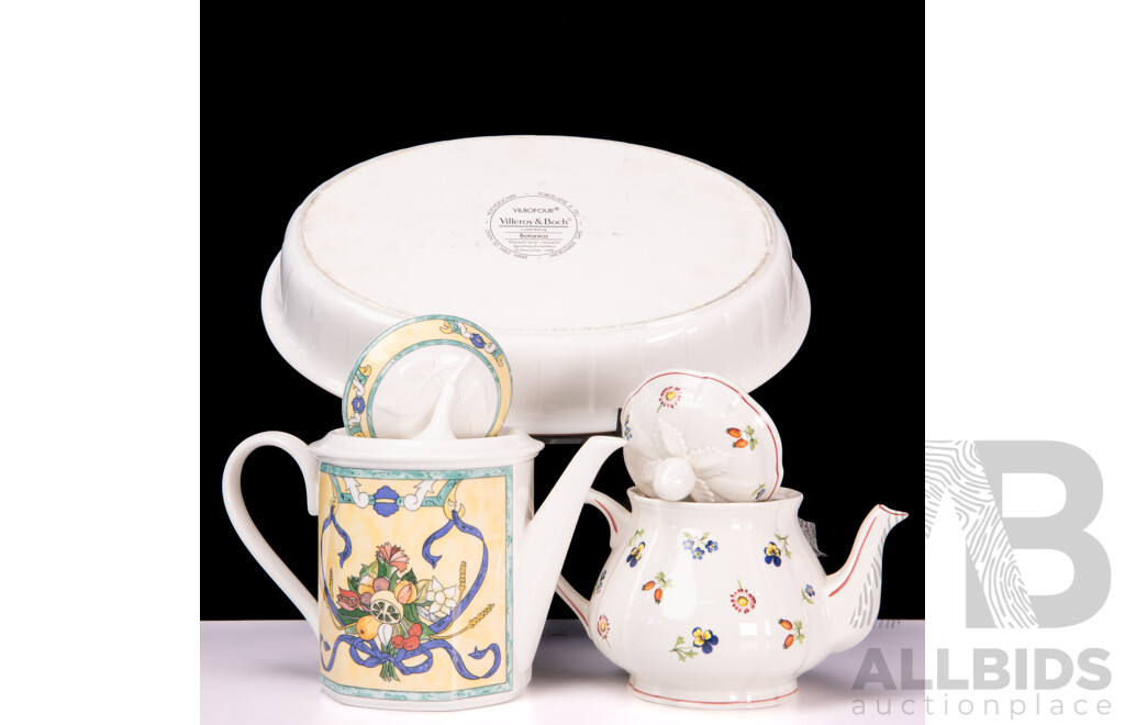 Villeroy & Boch Large Porcelain Botanica Designed by Susan Ellis Williams Oval Baking Dish, Teapot in Castellina Pattern & Teapot in Peite Fleur Pattern