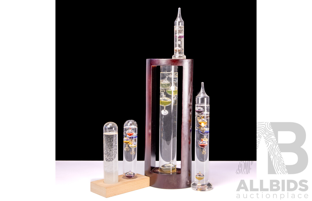 Collection Galileo Thermometers. One with Admiral Fitroys Storm Glass