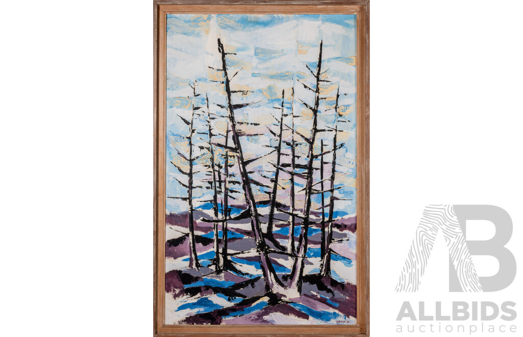 R. Phillips, (20th Century, Working c1960s), Abstract - Snowy Pines, Wonderful Vintage Acrylic on Masonite, 95.5 x 61.5 cm (frame)