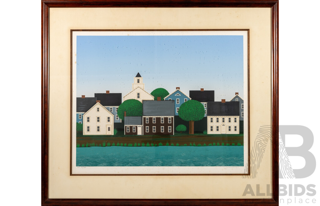 Ted Jeremenko (20th Century, Yugoslav-Born American, 1938-), Houses by Water, Wonderful Limited Edition Signed Serigraph, 79 X 92 Cm (frame)
