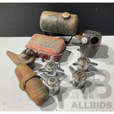 Collection of Vintage Lawn Mower, Stationary Motor and Motorcycle Oil Tanks with Four Spirit of America Three Bar Spinner Caps