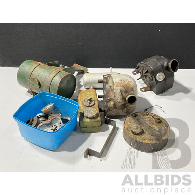 Collection of Vintage Lawn Mower, Stationary Engine and Motorcycle Oil Tanks and Caps Including Villiers