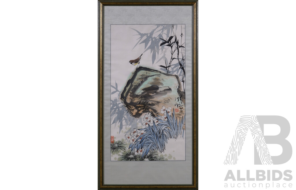 Chinese School (Date Unknown), Songbird Perched on Rock, Vintage Watercolour, 120 x 63 cm (frame)