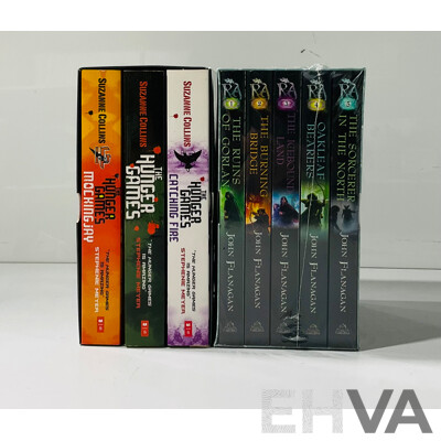 The Hunger Games, Suzanne Collins, Three Volume Soft Cover Set in Slip Case Along with Rangers Apprentice, John Flanagan, FIve Volume Soft Cover Set in Slip Case