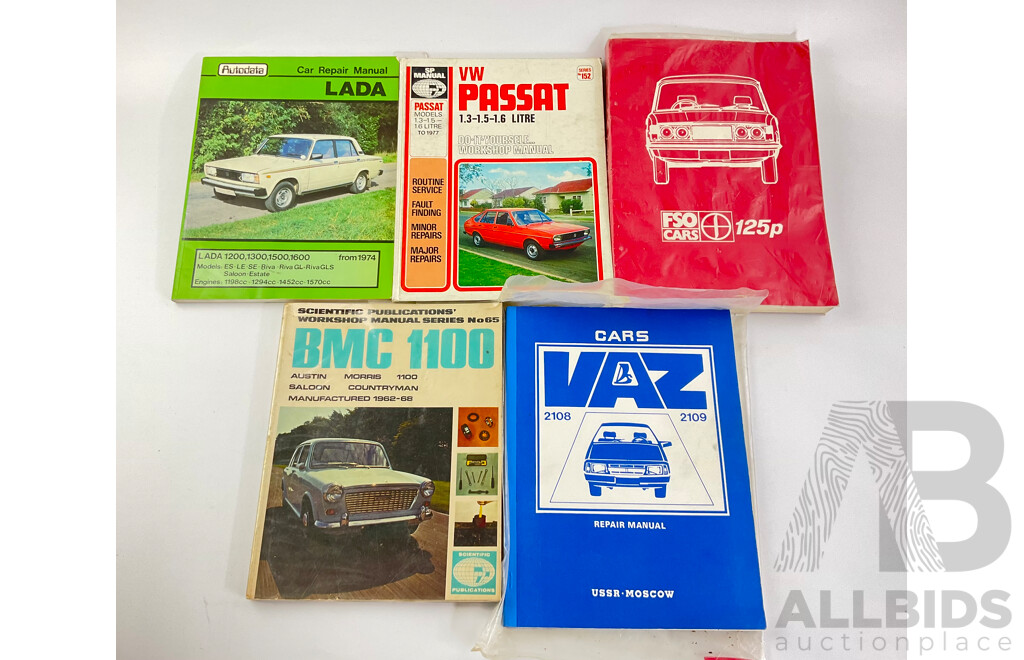 Assortment of European Automotive Workshop Manuals Including VW Passat, BMC 1100, FSO 125P, VAZ, Lada