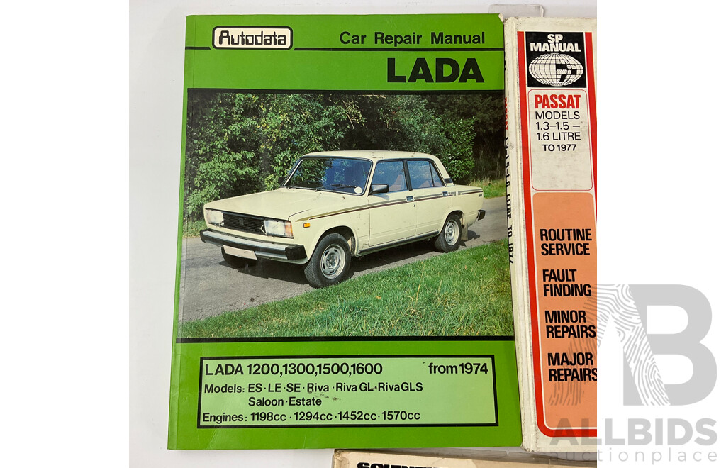 Assortment of European Automotive Workshop Manuals Including VW Passat, BMC 1100, FSO 125P, VAZ, Lada