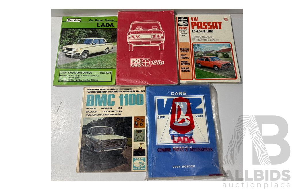 Assortment of European Automotive Workshop Manuals Including VW Passat, BMC 1100, FSO 125P, VAZ, Lada