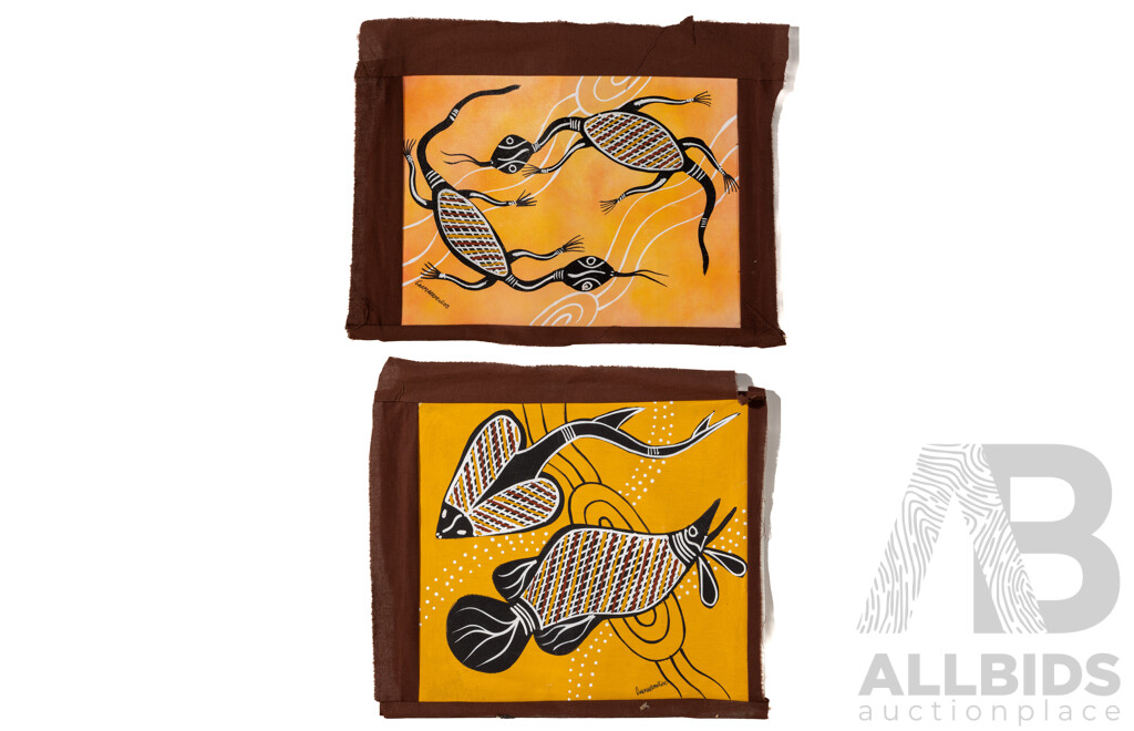 Michael Huddleston (Garmarroongoo) (20th C., Indigenous Australian, 1947-), Goanna in Dry Season & Satlwater Dreaming, Pair of Wonderful Unstretched Acrylic on Canvases, 32 x 24 cm & 30 x 33 cm (2)