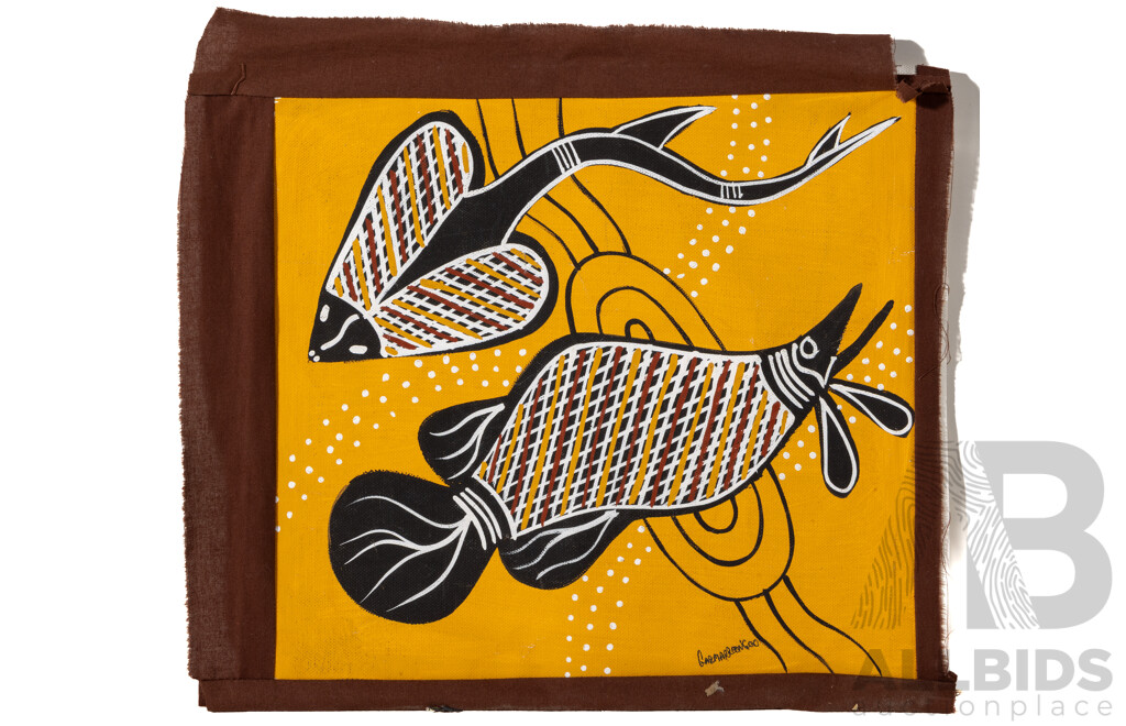 Michael Huddleston (Garmarroongoo) (20th C., Indigenous Australian, 1947-), Goanna in Dry Season & Satlwater Dreaming, Pair of Wonderful Unstretched Acrylic on Canvases, 32 x 24 cm & 30 x 33 cm (2)