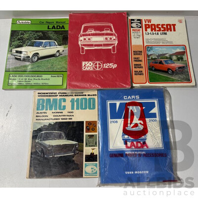 Assortment of European Automotive Workshop Manuals Including VW Passat, BMC 1100, FSO 125P, VAZ, Lada