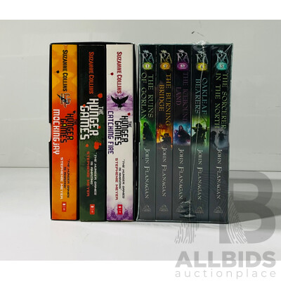 The Hunger Games, Suzanne Collins, Three Volume Soft Cover Set in Slip Case Along with Rangers Apprentice, John Flanagan, FIve Volume Soft Cover Set in Slip Case
