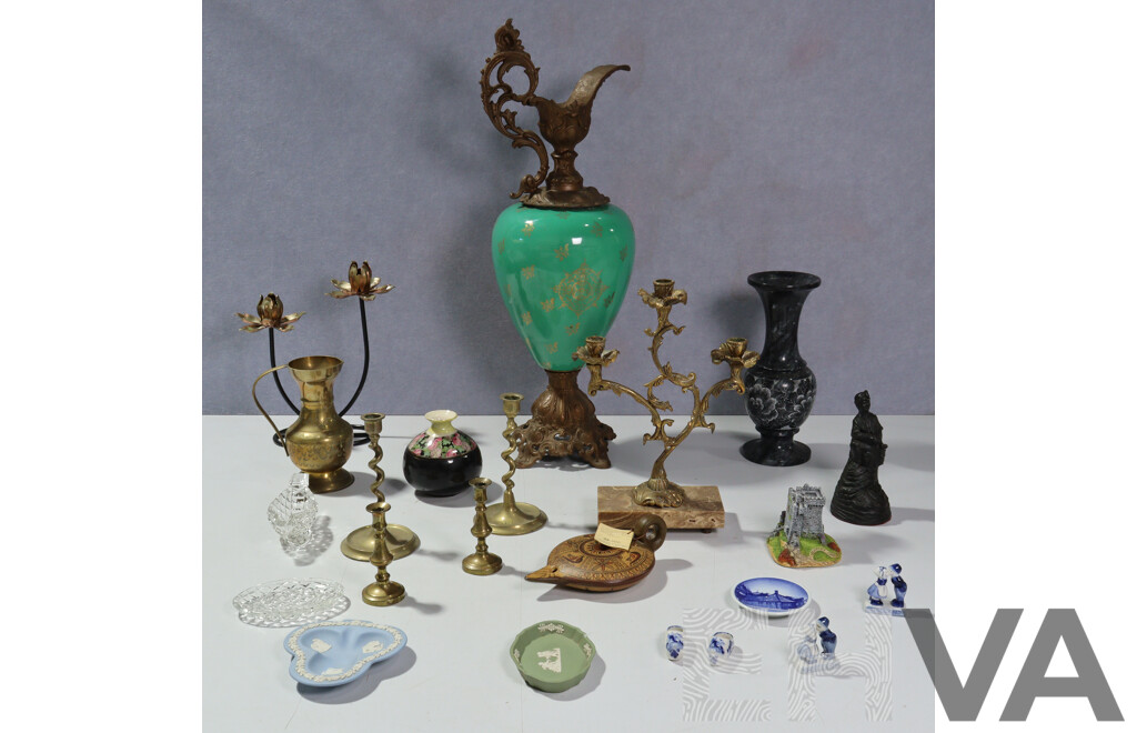 Collection Decorative Items Including Large Brass and Porcelain Pitcher, Two Pairs Brass Candle Holders, Two Pieces Wedgwood Jasperware and More