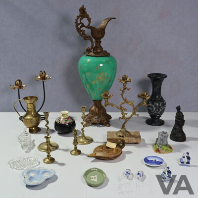 Collection Decorative Items Including Large Brass and Porcelain Pitcher, Two Pairs Brass Candle Holders, Two Pieces Wedgwood Jasperware and More