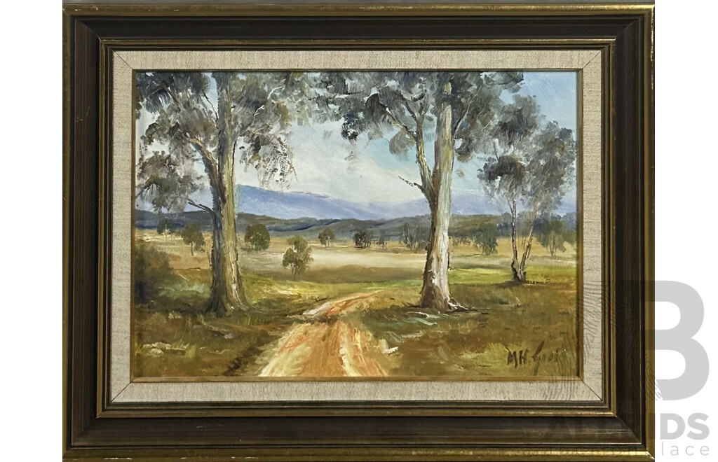 Margaret Grieg, (20th Century, Australian), Twin Gums, Oil on Canvas Board, 35 x 45 cm (frame)