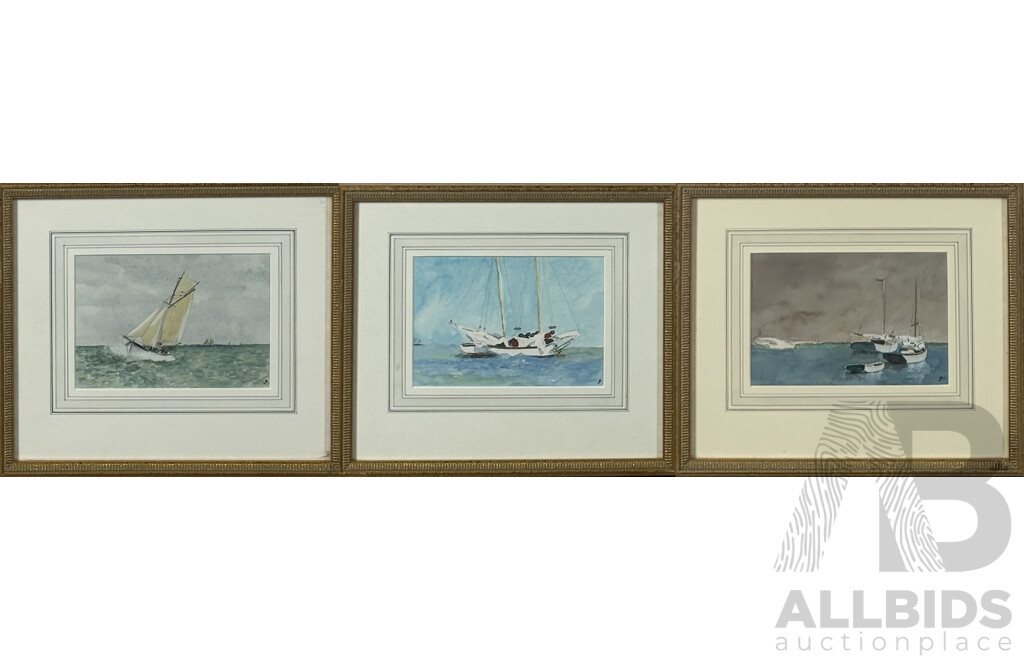 John Pearson, (20th Century, Australian), Trio of Sailing Inspired Images - Ketch, at Moorings and a Soldier's Wind, Watercolours, 29 x 33.5 cm (frames) (3)