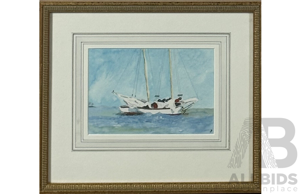 John Pearson, (20th Century, Australian), Trio of Sailing Inspired Images - Ketch, at Moorings and a Soldier's Wind, Watercolours, 29 x 33.5 cm (frames) (3)