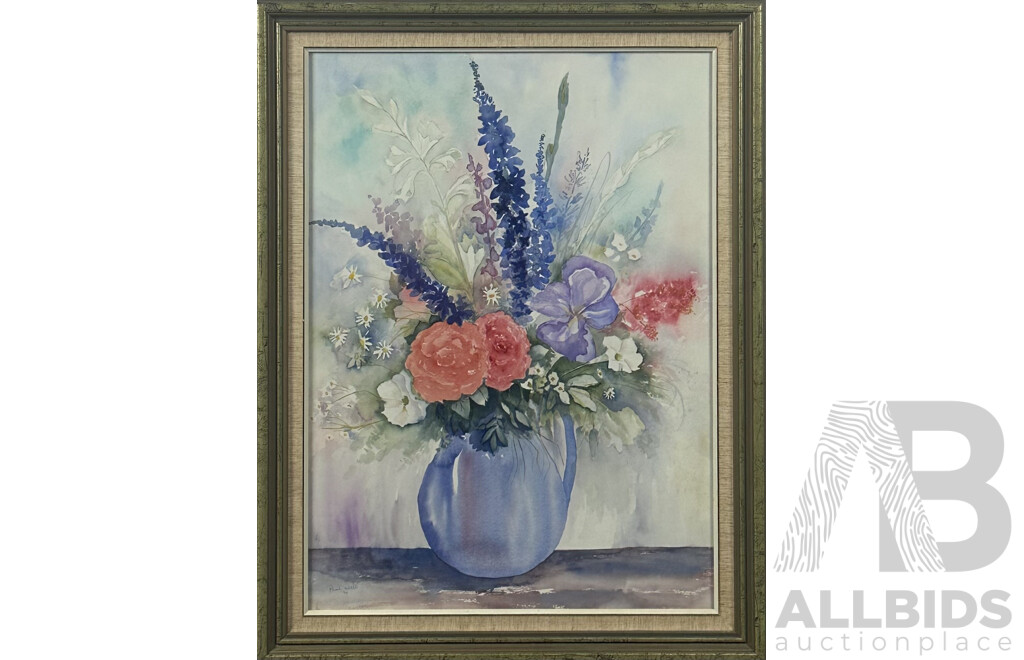 Paul Webb, (20th Century, Australian, Working c1990s), Blue Jug WIth Flowers, Watercolour on Card, 84 x 64 cm (frame)