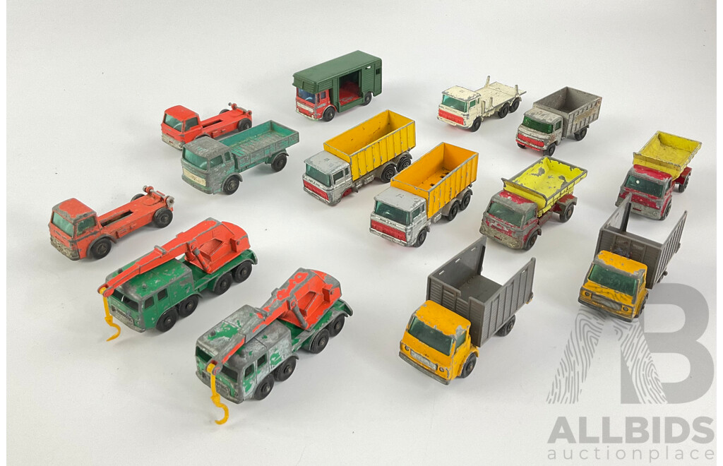 Collection of Vintage Diecast Matchbox Trucks Including Eight Wheel Crane, Grit Spreading Truck, Scaffolding Truck, Cattle Truck