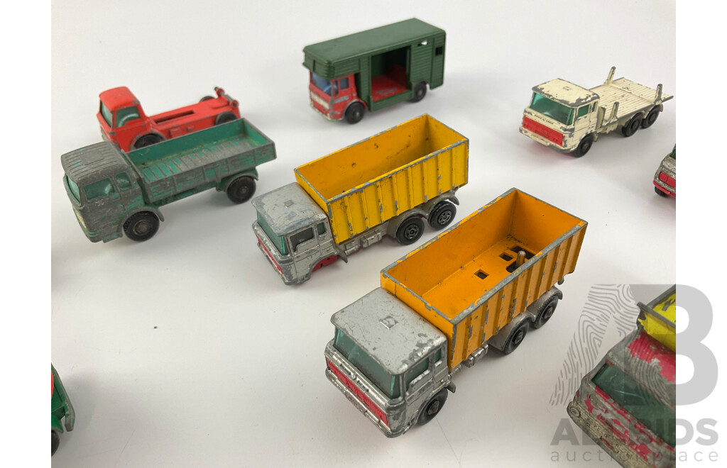 Collection of Vintage Diecast Matchbox Trucks Including Eight Wheel Crane, Grit Spreading Truck, Scaffolding Truck, Cattle Truck