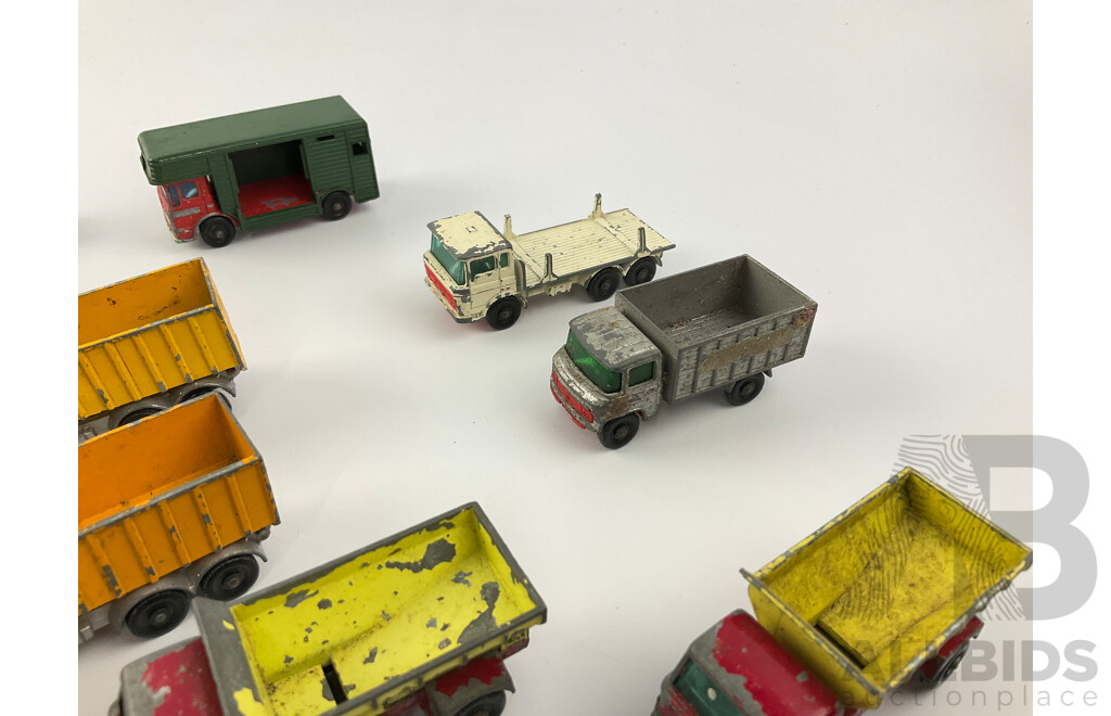 Collection of Vintage Diecast Matchbox Trucks Including Eight Wheel Crane, Grit Spreading Truck, Scaffolding Truck, Cattle Truck